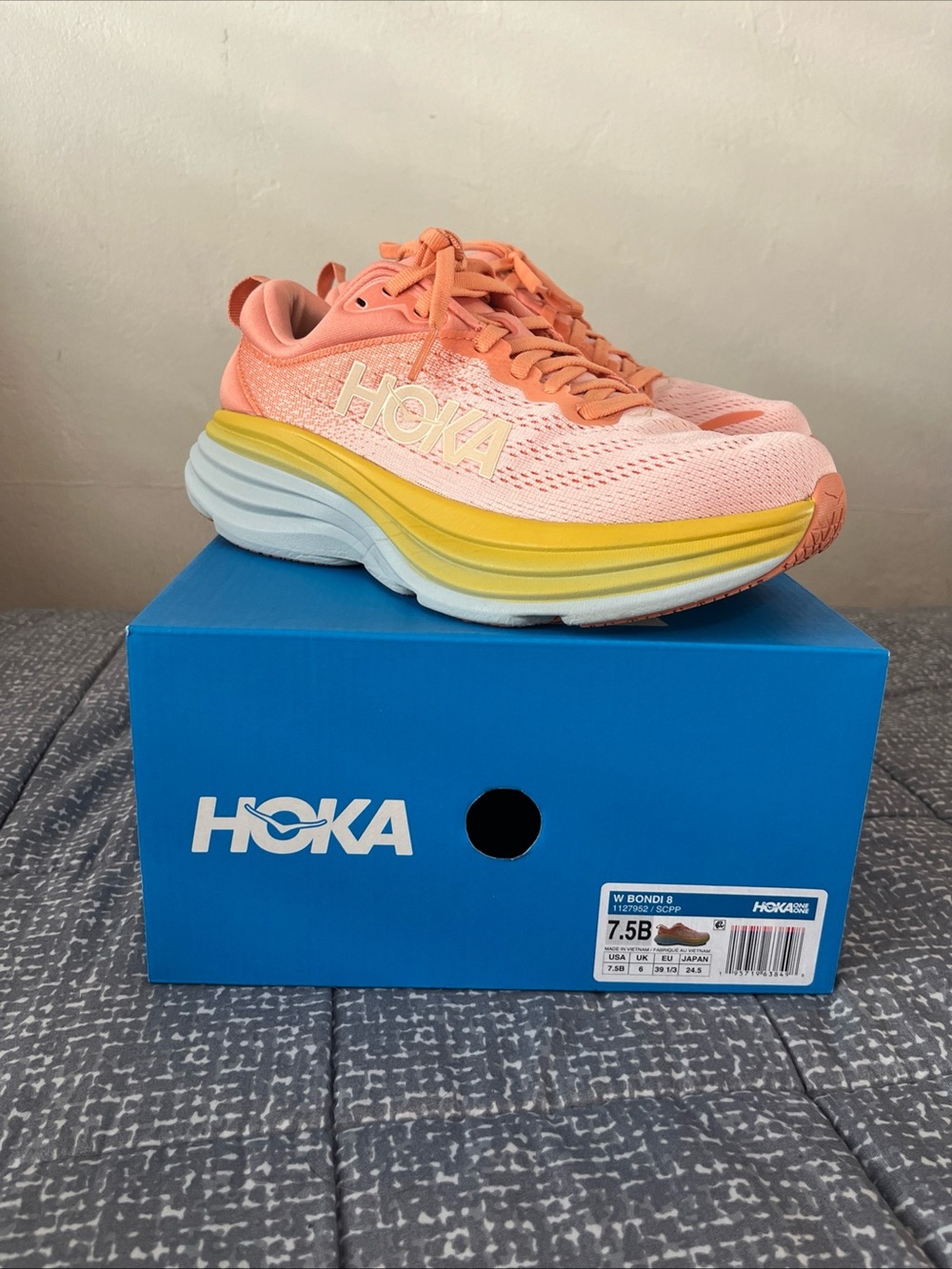 Hoka Women's Coral Pink & Yellow Bondi Running Shoes
